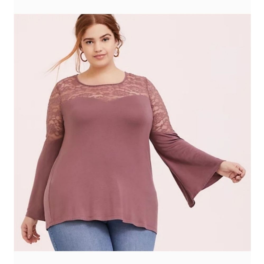 Torrid Super Soft Mauve Walnut Bell Sleeve Lace Top 2x 18 20 Fall Rayon Blouse